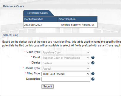 Select Filing screen - Filing Type of Trial Court Record